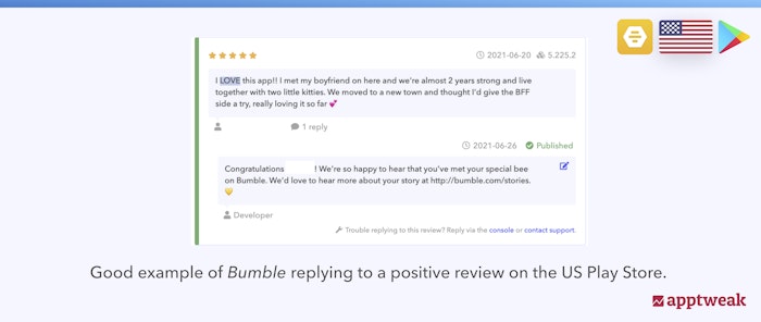Good example of Bumble replying to a positive review